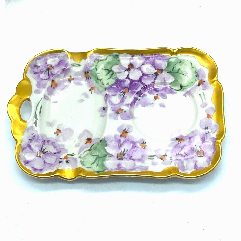 Antique Porcelain P.T. Bavaria Tirschenreuth Gold rim purple flower trinket dish